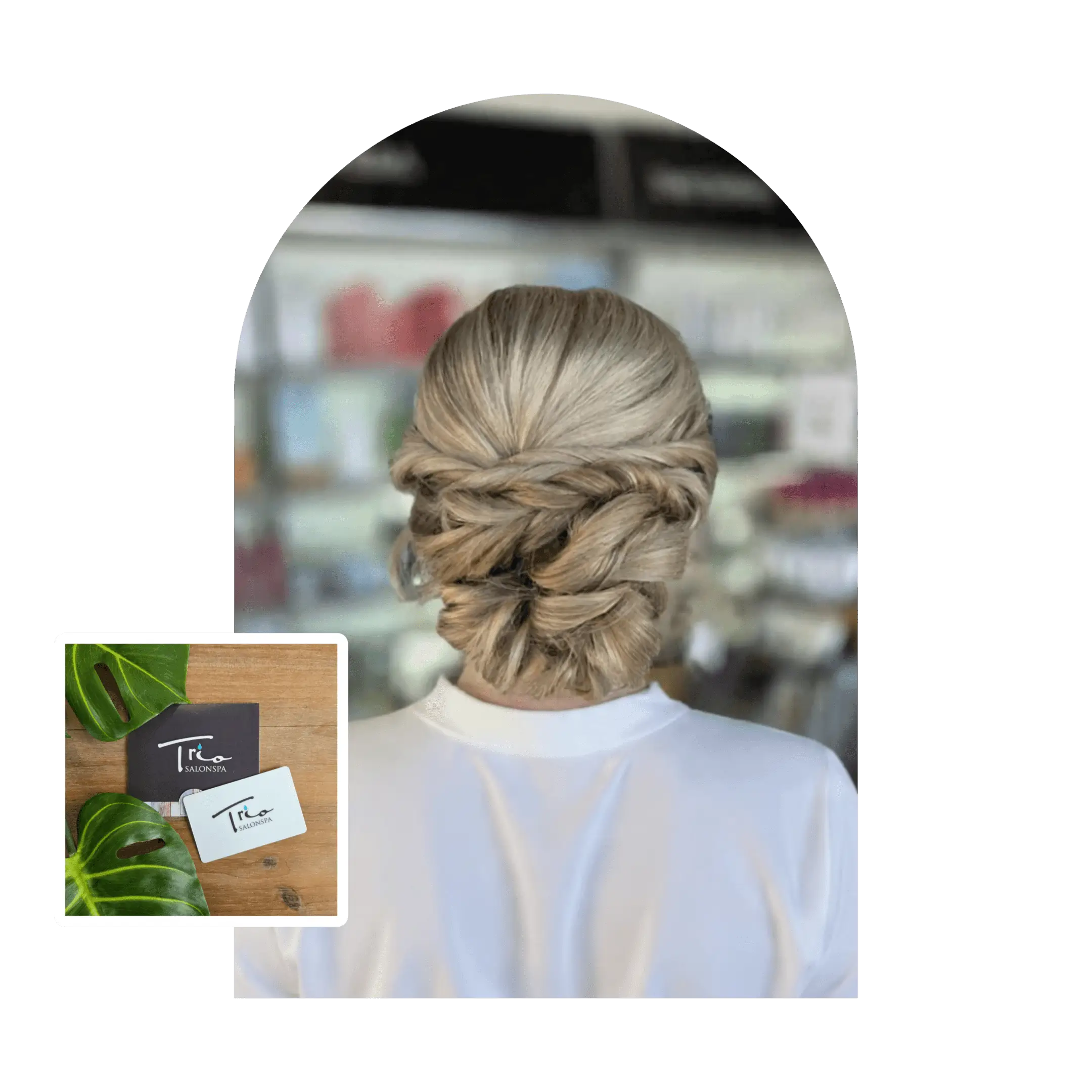 Braided updo hairstyle with blurred background.